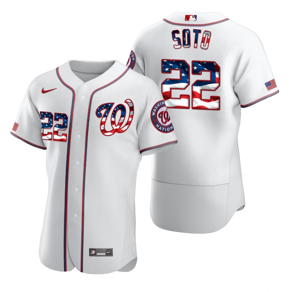 Washington Nationals #22 Juan Soto Men Nike White Fluttering USA Flag Limited Edition Authentic MLB Jersey